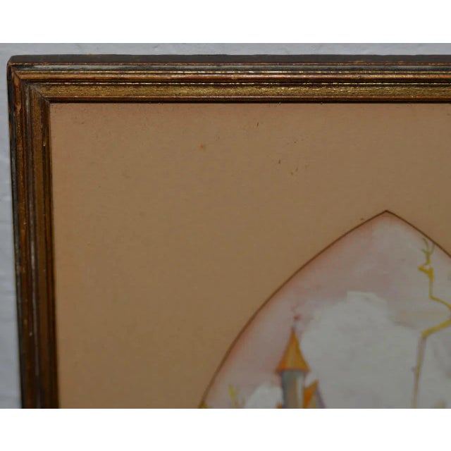 Lovely Fantasy Castle on a Hill Gouache Painting c.1920s A charming fantasy landscape of a castle on top of a rocky peak....