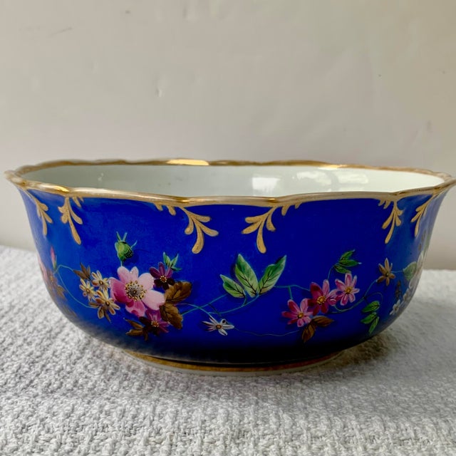 Antique Imperial Russian Gardner Porcelain Bowl. Old Russian Style Cobalt Blue Ground with Hand Painted Flowers and Gold...