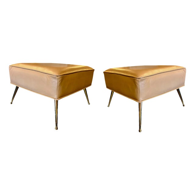 Pair of Stools in Camel Italian Leather With Solid Brass Legs With Ball Feet For Sale