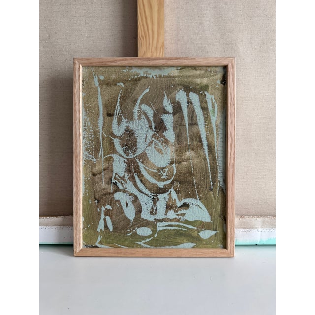 Original Abstract Acrylic Painting Framed, Small Earth Tone Wall Art, Neutral Modern Canvas Decor, Brown & Mint Green Minimalist Art For Sale - Image 4 of 5