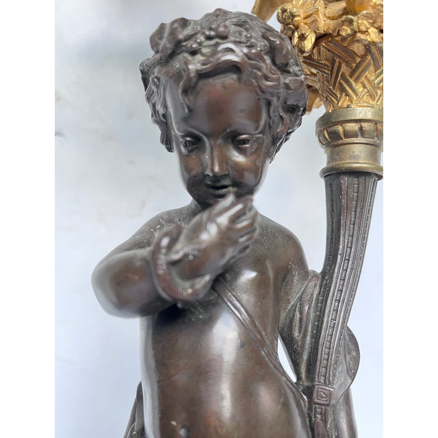 Bronze 19th Century French Louis XVI Style Figural Bronze and Marble Candelabra - A Pair For Sale - Image 8 of 18
