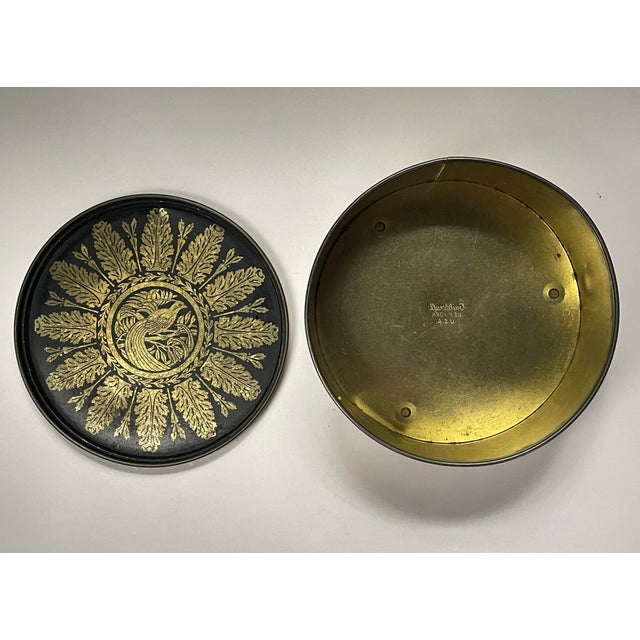 Metal Mid 20th Century Black & Gold Classical Footed Tin For Sale - Image 7 of 8