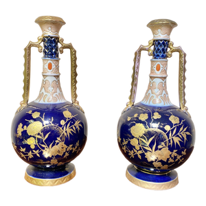 Pair of 1990s Royal Worcester Hand Painted Porcelain Cobalt Blue Vases With Two Handles