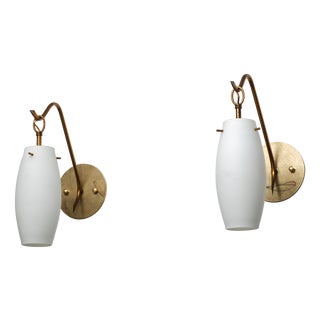 Vintage Italian Wall Sconces in Brass and Opaline Glass, 1950s, Set of 2 For Sale