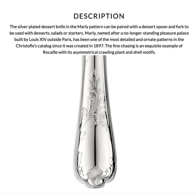 Retails for $130. Nine available for individual purchase. The silver plated dessert knife in the Marly pattern can be...