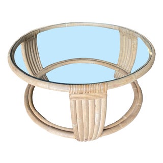 1950s Five Strand Rattan Coffee Table With Glass Top For Sale
