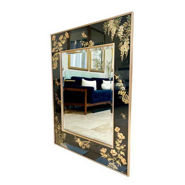 Chinoiserie Chinoiserie LaBarge Verre Églomisé Black and Gold Mirror, 1986 For Sale - Image 3 of 12