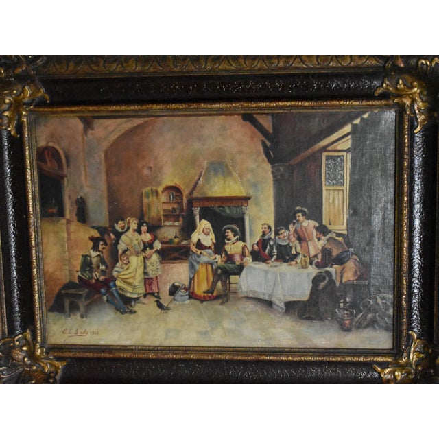 Antique European Tavern Interior Genre Scene Framed Signed & Dated 1910 For Sale - Image 4 of 16