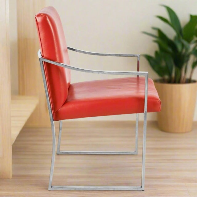 Metal 1970s Chromed Steel & Red Leather Arm Chairs For Sale - Image 7 of 7