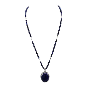 Lapis & Diamond Pendant on 18k Beaded Lapis Chain