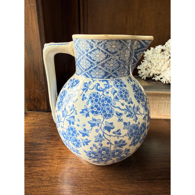 Victorian Antique W. Ridgway Blue White Transferware Pitcher, English Ironstone Water Jug, Victorian Floral Chinoiserie, Registered Design For Sale - Image 3 of 12