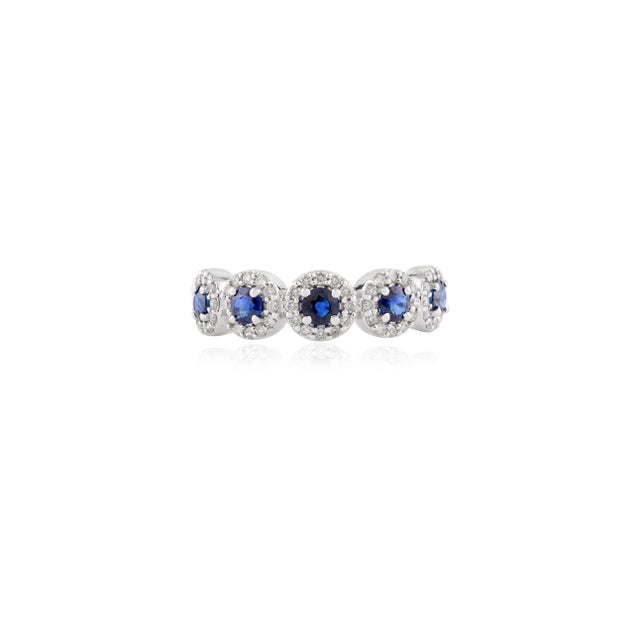 5 Round Cut Blue Sapphire Halo Diamond Ring Size 7 For Sale - Image 4 of 11