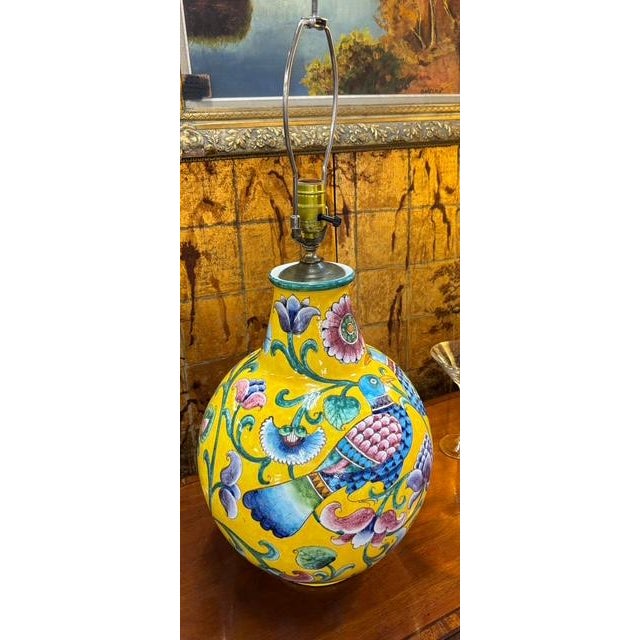 Mid 20th Century Mid Century Italian Yellow Glazed Ceramic Lamp With Birds and Flowers - Signed For Sale - Image 5 of 8