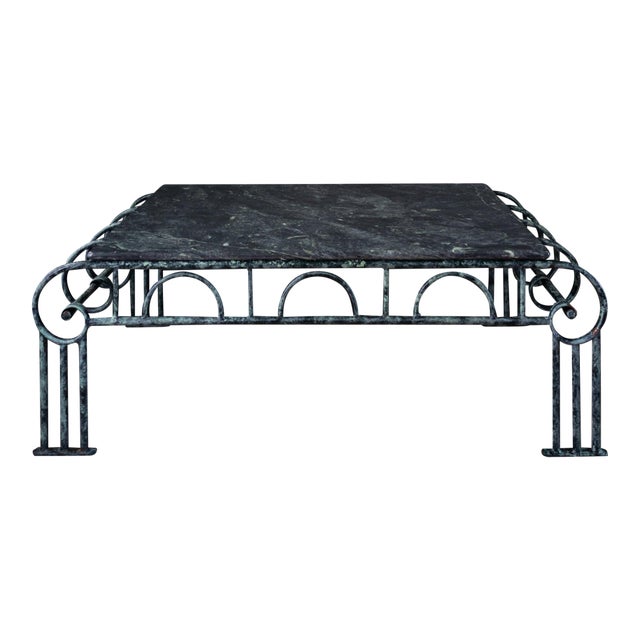 French Art Deco Revival Green Marble and Faux Verdigris Coffee Table For Sale