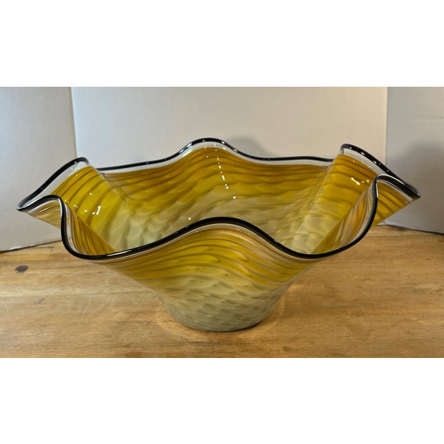 Glass LaChaussee Studio Art Glass Centerpiece Bowl With Topaz and White Woven Ribbon Pattern For Sale - Image 7 of 12