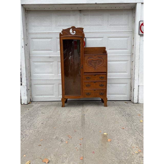 Antique Victorian Art Nouveau Oak Combination Secretary Desk and Curved Glass Bookcase With Ornate Carved Details For Sale - Image 10 of 12