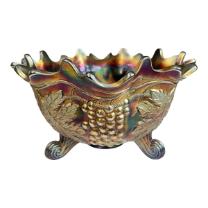 Grape & Cable Amethyst Carnival Glass Footed Centerpiece Bowl, Antique - Extra Large 11" Wide