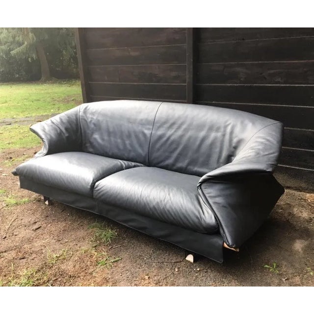 Saporiti Italia Blue-Grey Leather Sofa from Saporiti Italia, 1980s For Sale - Image 4 of 12