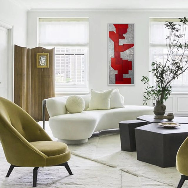 Red Contemporary Large Vertical Geometric Abstract Red Silver Leaf by Stephen Cimini For Sale - Image 8 of 8