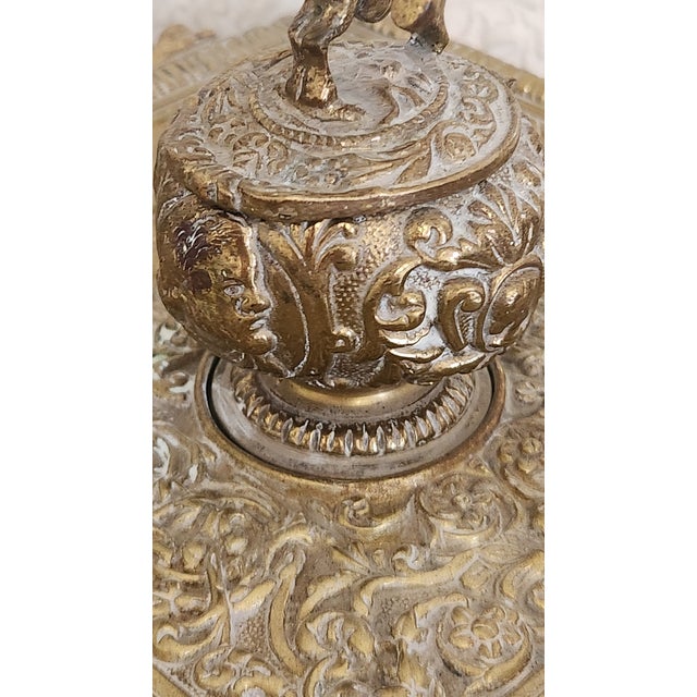 Metal Vintage Ornate Brass Pegasus Inkwell Tray With Glass Ink Insert For Sale - Image 7 of 18