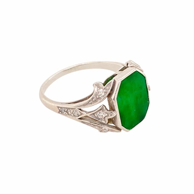 1900 - 1909 1900 - 1909 Antique Edwardian Platinum Diamond and Jade Jadeite Ring Size 6 For Sale - Image 5 of 5