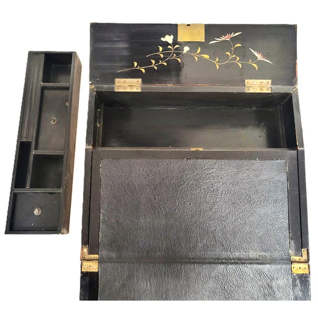 Antique English 19th C Parquetry Inlaid & Ebonized Chinoiserie Leather Lap Desk For Sale - Image 16 of 18