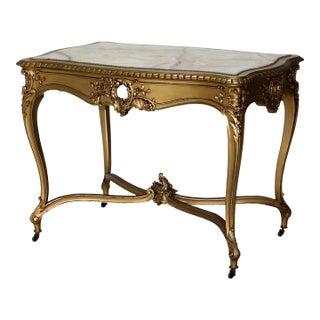 Antique Louis XIV Giltwood & Inset Onyx Parlor Table with Foliate Elements C1890 For Sale