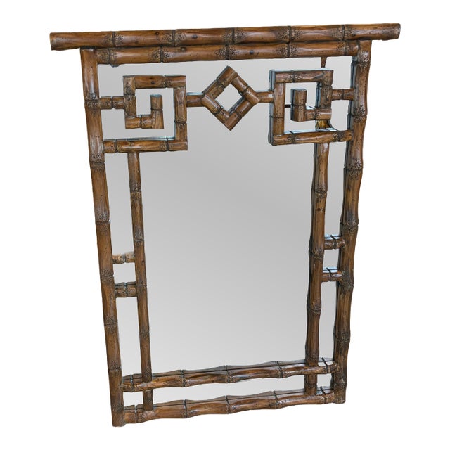 Vintage Palm Beach Coastal Faux Bamboo Pagoda Greek Key Wall Mirror For Sale