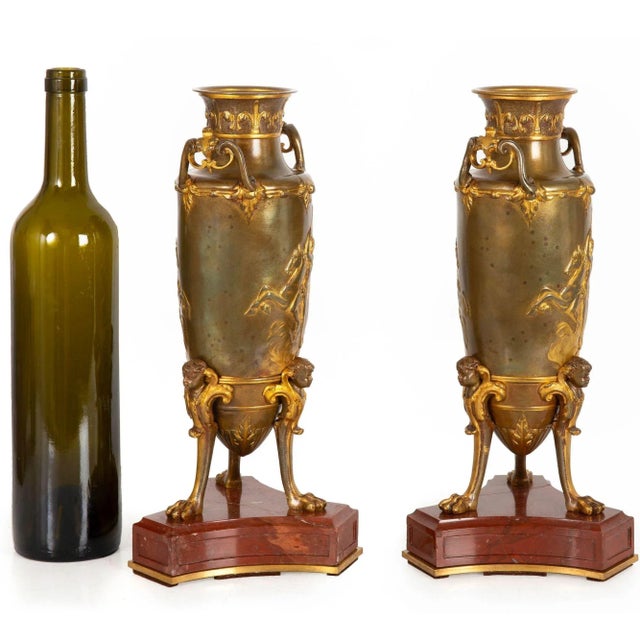 19th Century Pair of French Bronze Antique Mythological Amphora Garnitures Ca. 1880 For Sale - Image 5 of 12