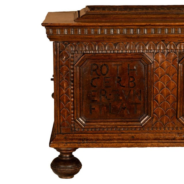 Antique Carved Walnut & Iron Coffer Chest Strong Guild Box Simmern Germany 1737 For Sale - Image 15 of 18