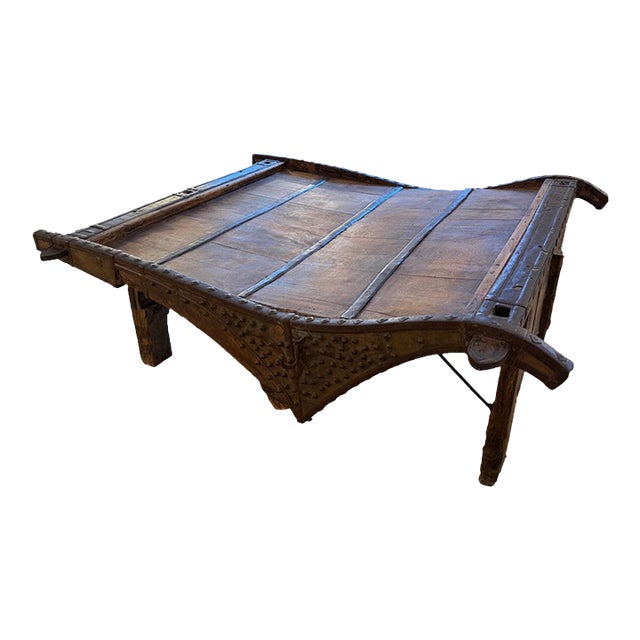 Antique Indian Rustic Wooden Ox Cart With Metal Accents Coffee Table For Sale