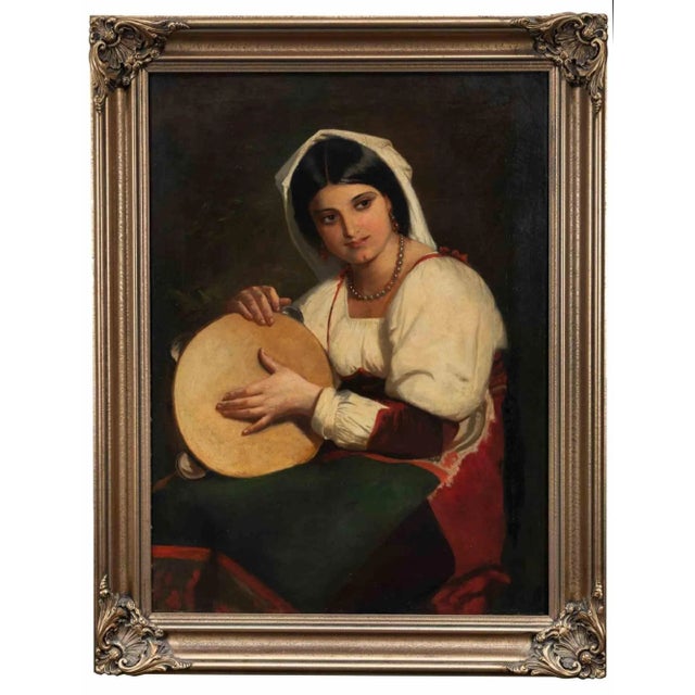 Unknown, Italian Girl with a Tambourine, Original Oil on Canvas, 1900s For Sale - Image 6 of 6
