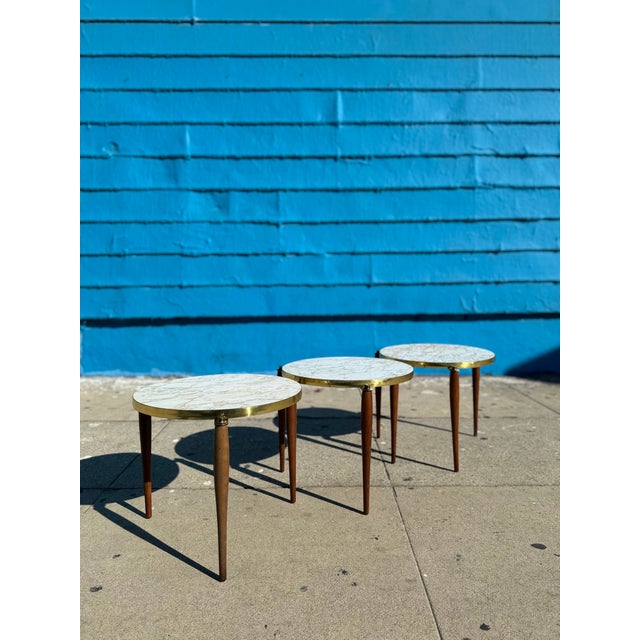 Vintage Set of 3 Formica Brass & Walnut Nesting Tables For Sale - Image 11 of 11