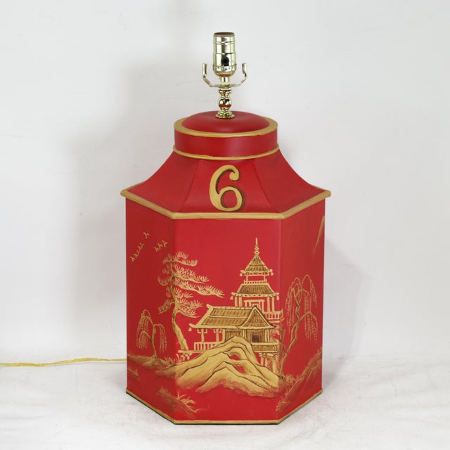 This striking pair of vintage table lamps showcases an iconic hexagonal tea caddy silhouette rooted in traditional...