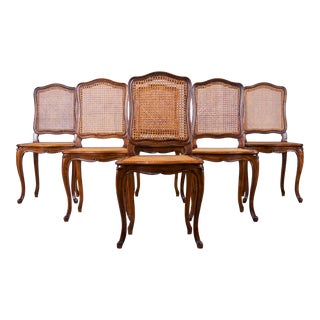 Antique French Louis XV Style Provincial Walnut Wood Cane Dining Chairs - Set of 6 For Sale