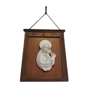 Carved Wooden Frame with Ceramic Representation of Madonna, 1950s