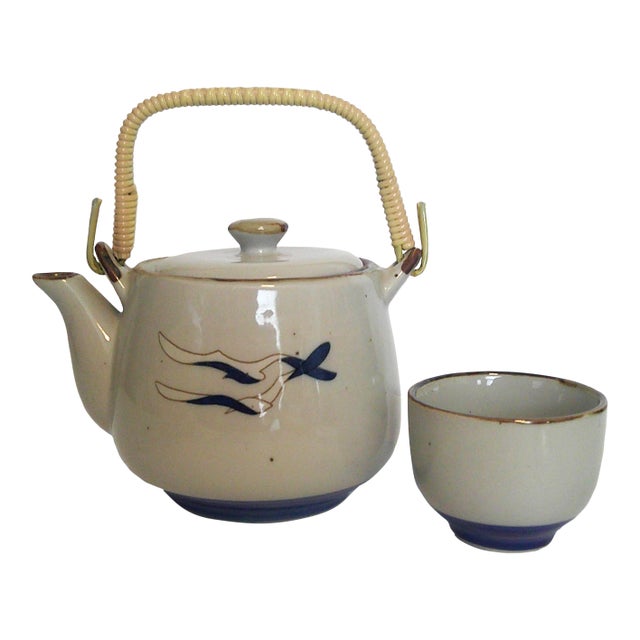 Vintage Otagiri Seagull Blue Teapot W / 1 Cup Late 20th Century For Sale