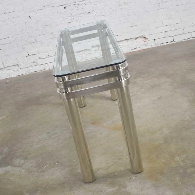 Metal Modern Console Sofa Table Chrome Rectangle With Glass Top Style of Pace or Karl Springer For Sale - Image 7 of 13