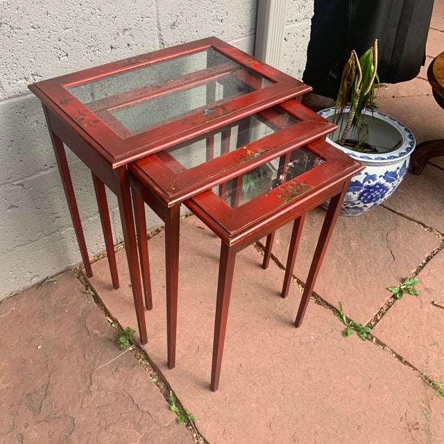 Japanese Red Lacquer and Glass Nesting Tables - Set of 3 | Chairish