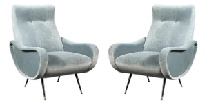 Mid-Century Modernist Lady Arm Chairs in Powder Blue Mohair by Marco Zanuso