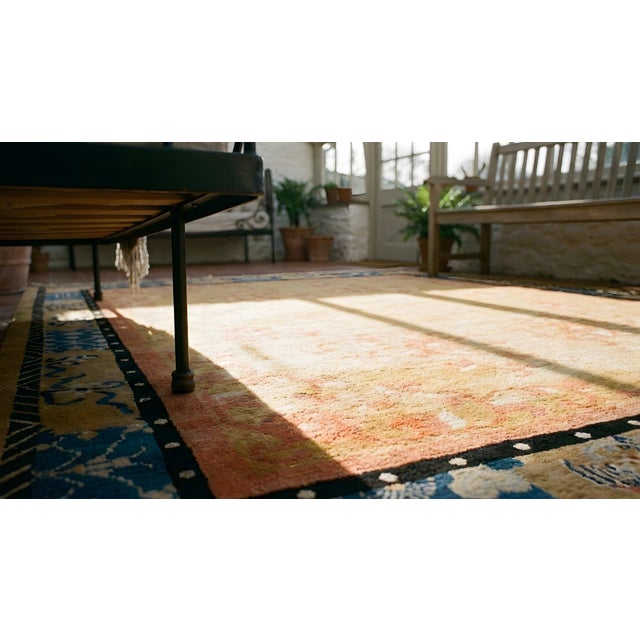Outstanding Orange-Amber Open Field With Asymmetric Details in a Floral Pattern Antique Chinese Peking Rug For Sale - Image 10 of 11