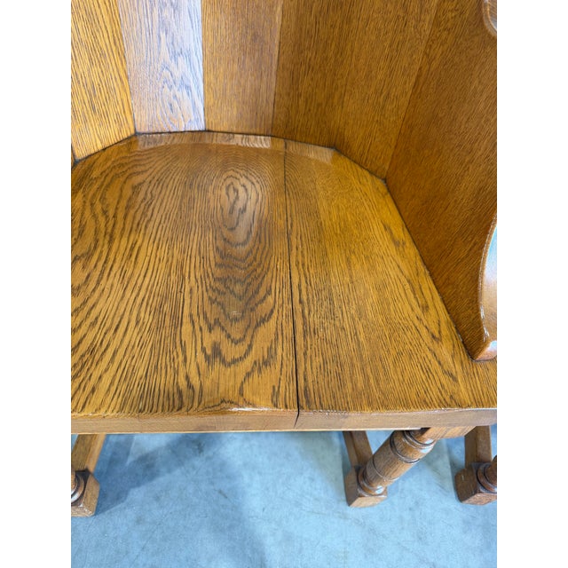 Pair of Dutch Colonial Style Vintage Oak Barrel Back Chairs For Sale - Image 9 of 12