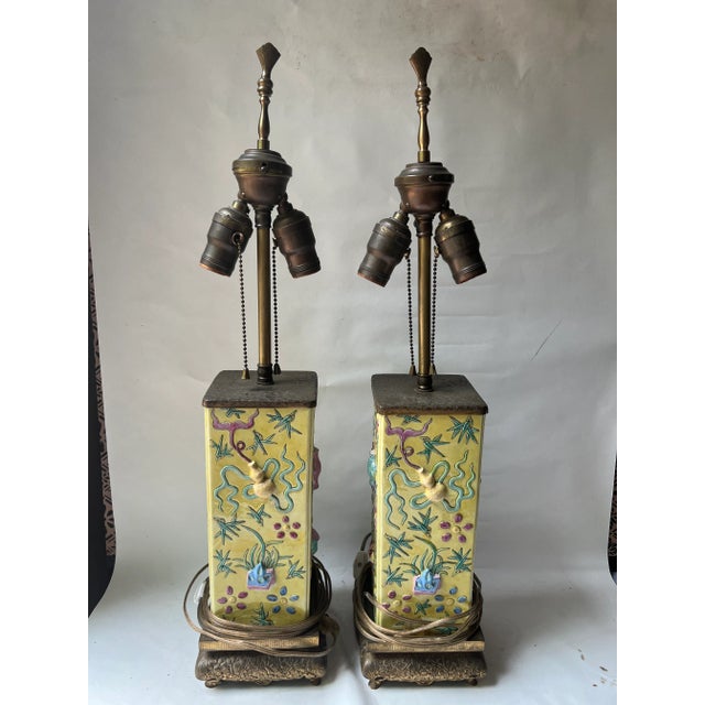 Early 20th Century Pair Early 20th Century Chinese Yellow Enameled Porcelain Vases Mounted as Lamps, Brass Mounts For Sale - Image 5 of 13