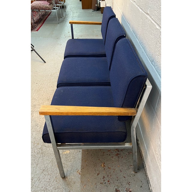 Navy Blue Mid-Century Vintage Chrome Three Seat Airport Bench For Sale - Image 8 of 14