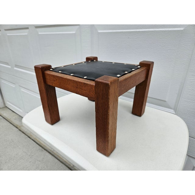 Square Mission Arts and Crafts Black Leather and Oak Footstool For Sale - Image 6 of 17