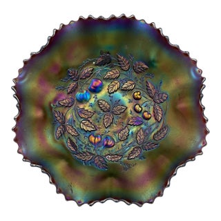 Carnival Glass Northwood Three Fruits Medallion Amethyst Footed Bowl For Sale