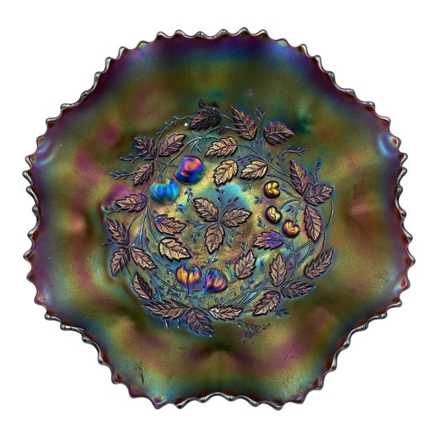 Carnival Glass Northwood Three Fruits Medallion Amethyst Footed Bowl For Sale