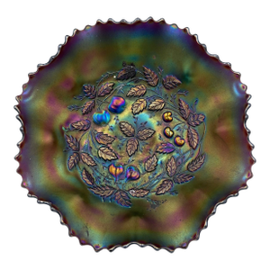 Carnival Glass Northwood Three Fruits Medallion Amethyst Footed Bowl