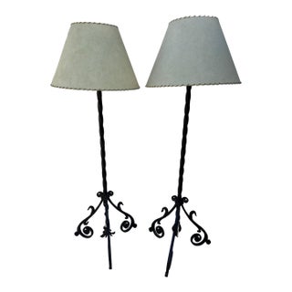Hand Wrought Twisted Iron Floor Lamps with Custom Parchment Shades - a Pair For Sale