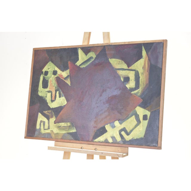 Oil painting abstract composition; signed in pencil on the back wolf '56, oil on burlap. The burlap comes from an american...